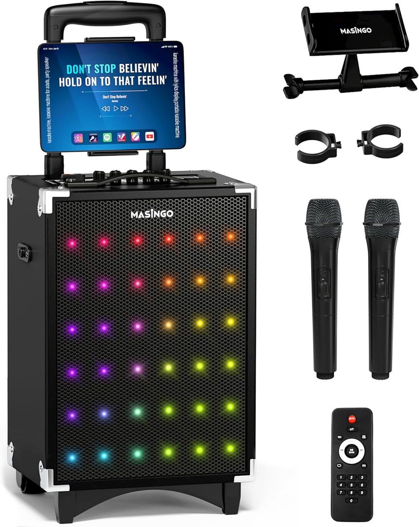 MASINGO Karaoke Machine for Adults and Kids, 40W Speaker with 8" Woofer, 2 Wireless Microphones, Bluetooth, USB, MicroSD, FM Radio, TV Connection, Tablet Holder, and Real-Time Karaoke Mode, Soprano X2