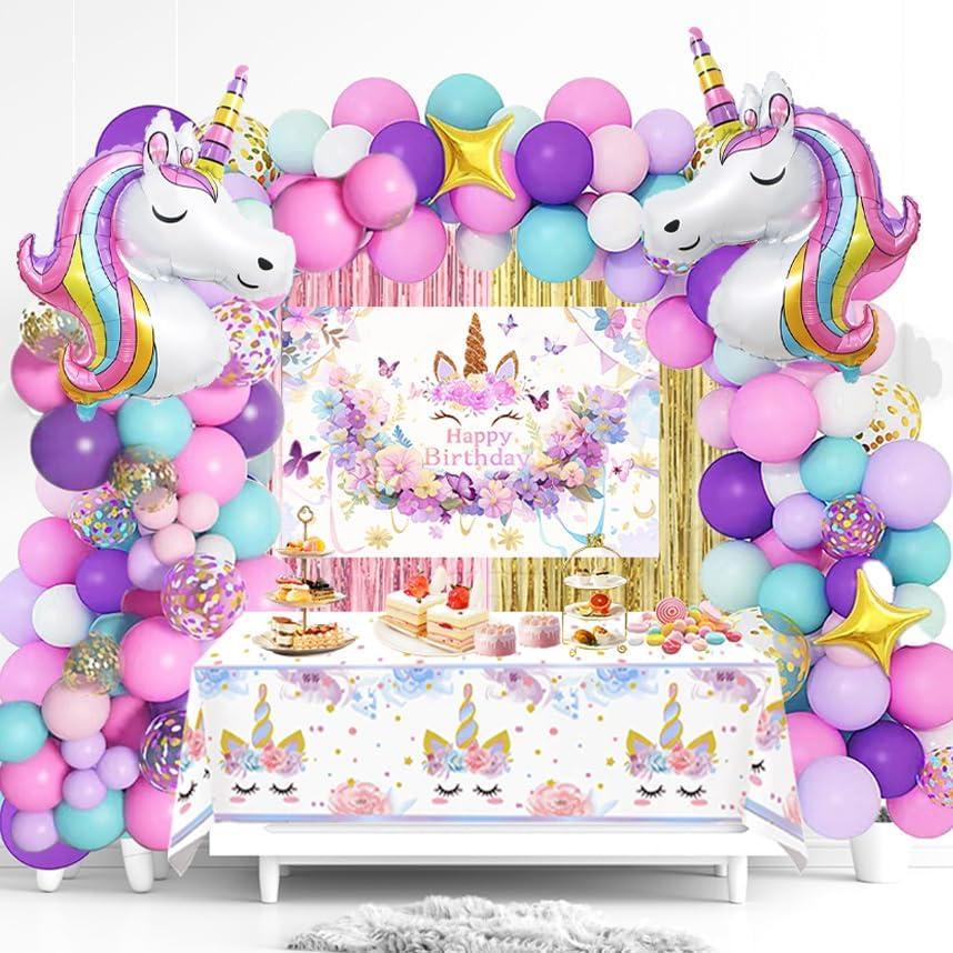 Unicorn Party Decorations Kit - 135-Piece Set with 3D Foil Balloons, Backdrop, Table Cover, Tassel Curtains & Garland Making Supplies - Pink, Rose Gold, Purple Theme (Includes Balloon Arch Kit)