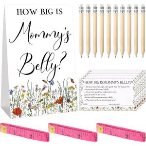Sabary 64 Pcs Baby Shower Games Include How Big is Mommy's Belly Sign Measure Bump Game 50 Cards 10 Pencils 3 Measuring Tapes for Baby Shower Gender Reveal Party Supplies(Wildflower)
