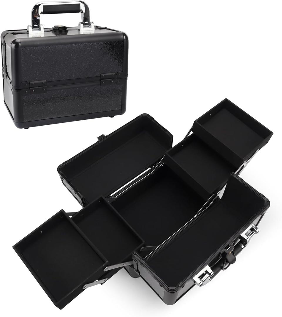Large Makeup Train Case Cosmetic Organizer Case Makeup Box Portable Make Up Artist Travel Case with 4 Trays with Dividers Lockable Hard Train Case Nail Tech Supply Storage - Starry Black