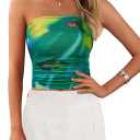 MASCOMODA Women Floral Tube Top Summer 2026 Cute Strapless Crop Mesh Going Out Tops Y2K Ruched Bandeau Beach Vacation Clothes (Green, S)