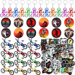 Poen 86 Pcs Bike Party Favor Including 12 Finger Bikes 12 Bike Keychain 12 Button Badges 50 Waterproof Stickers Club Gift Supplies