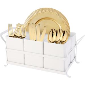 Silverware Caddy Metal Utensil Holder for Party Countertop Silverware Utensil Caddy Cutlery Flatware Organizer for Spoons Forks Plates Napkins White