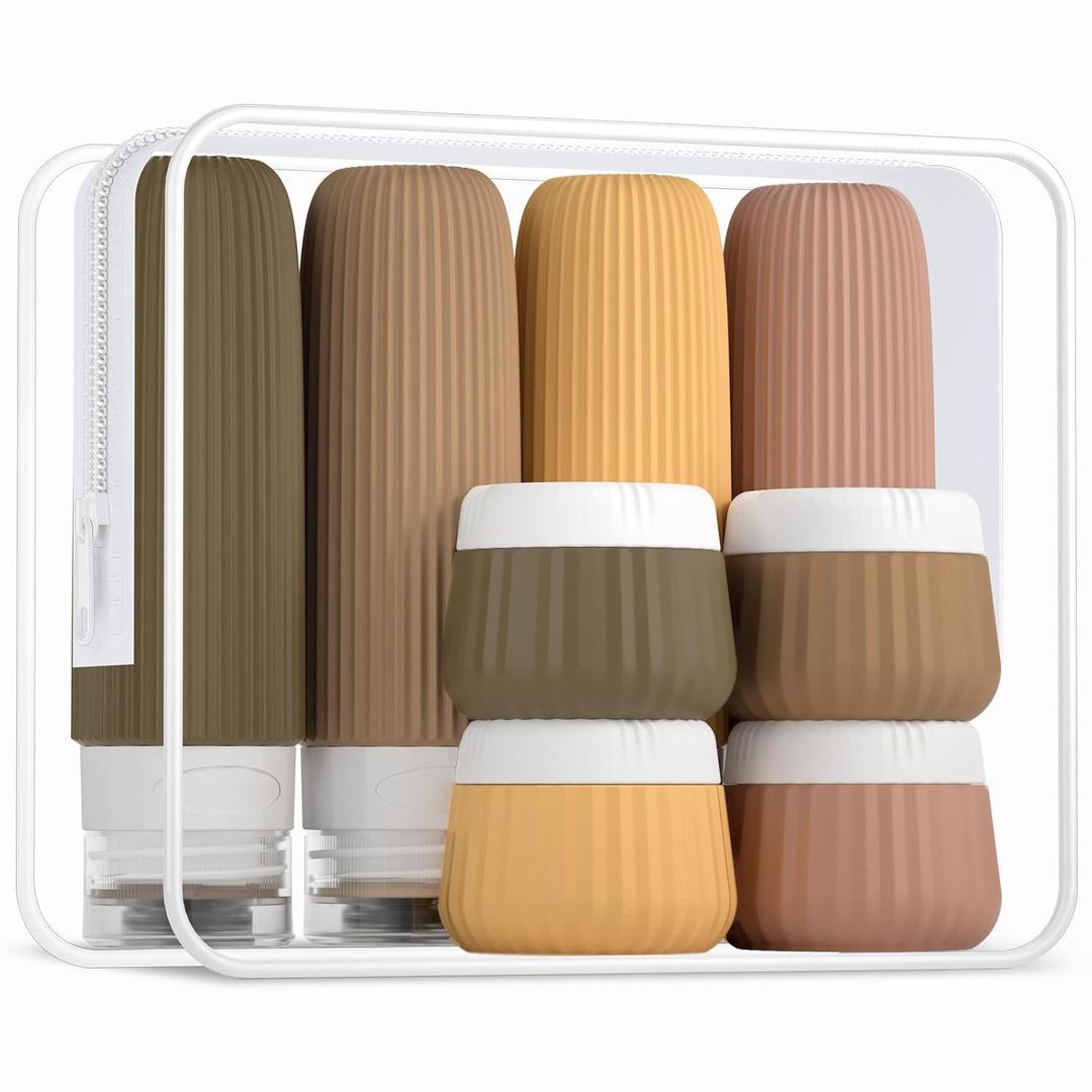 Travel Bottles 8 Pack, TSA Approved 3 oz Travel Toiletries Containers with Clear Bag, Leak Proof Silicone Squeezable Essentials Jars (Apricot)