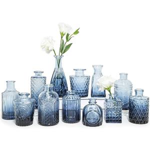 Glass Bud Vase Set of 12, Small Blue Flower Vases for Centerpieces in Bulk, Mini Vintage Vase for Wedding, Home,Table Decoration