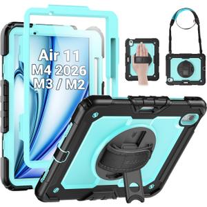 SEYMAC Case for iPad Air 11 Inch M4 / M3 / M2 (2026/2025 / 2024), Heavy Duty Shockproof Protective Case with Screen Protector, 360 Rotating Stand and Hand/Shoulder Strap, Light Blue