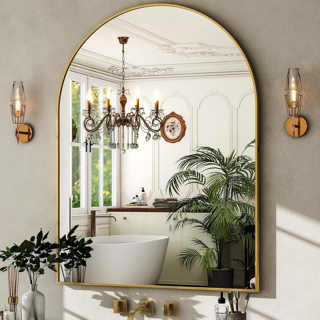 HARRITPURE Arched Bathroom Mirror - 30"x40" Gold Large Wall Mounted Vanity Mirror Aluminum Alloy Frame Arch Wall Mirror for Living Room, Bedroom and Entryway