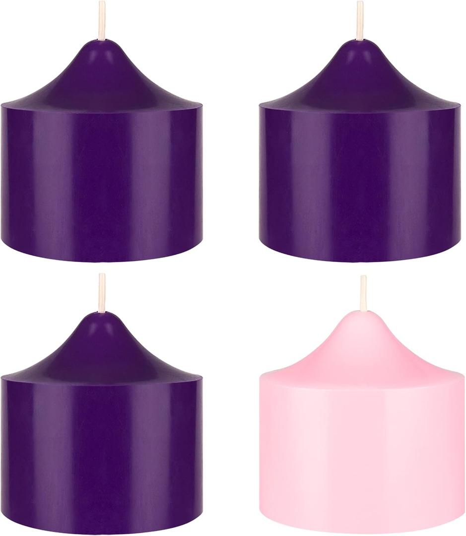 Mega Candles 4 pcs Unscented Christmas Advent Candles Set, Hand Poured Premium Wax Bell Top Round Pillar Candle 3 Inch x 3 Inch, Holidays, Festivities, Devotional, Church, Wreath, Party, Gifts