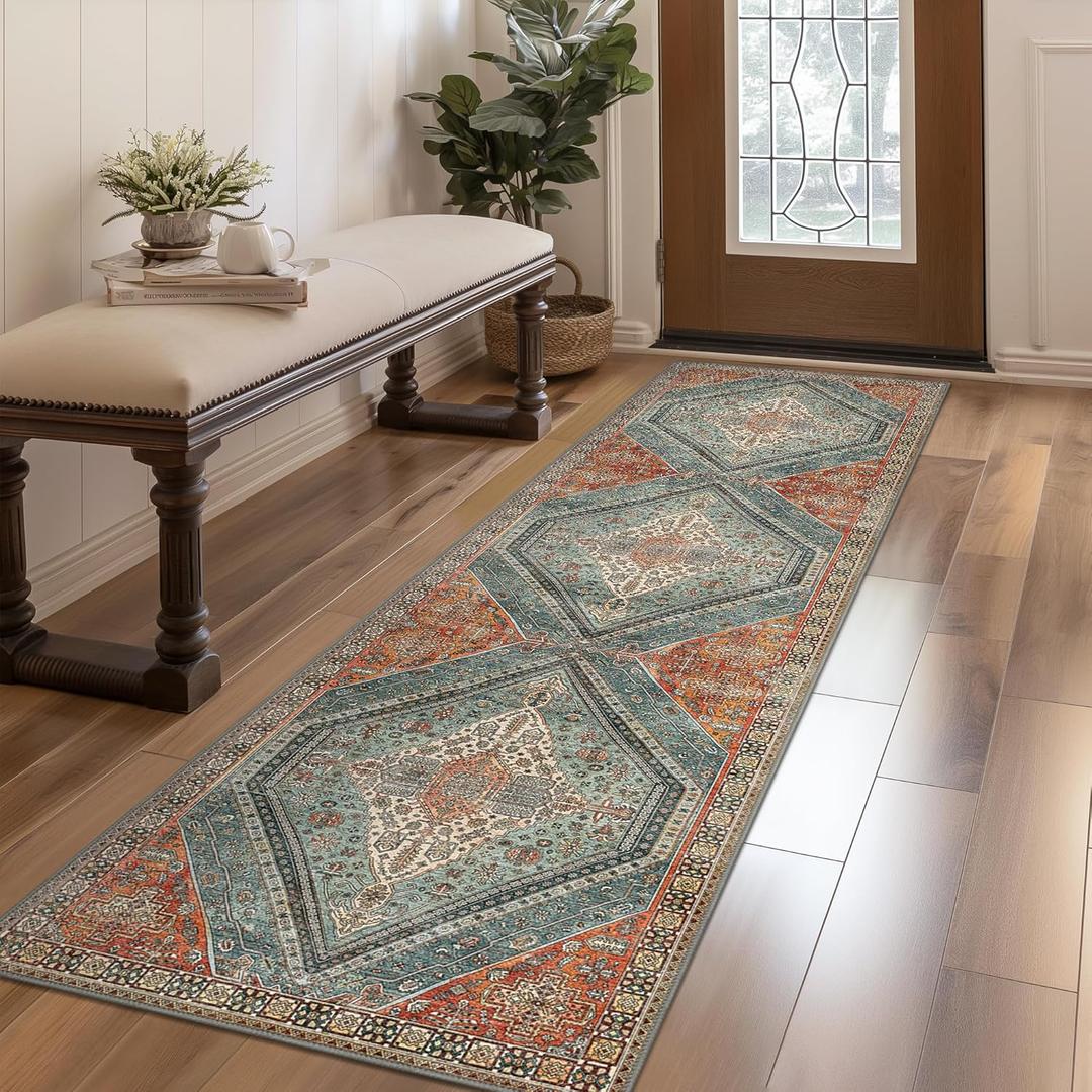 Bavni Kitchen Rug 2x5 Runner Rugs for Hallways Entryway, Washable Vintage Print Carpet, Ultra-Thin Chenille Low Pile Lightweight Rug with Non Slip Backing, Light Red/Blue