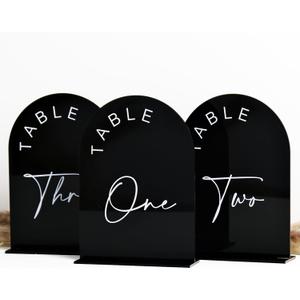 Black Arched Wedding Table Numbers 1-20 with Stands, 5x7 Inch Black Acrylic Arch Sign with Holder, Arch Acrylic Table Numbers for Wedding Reception (1-20, 5"x7") (Black White Font)