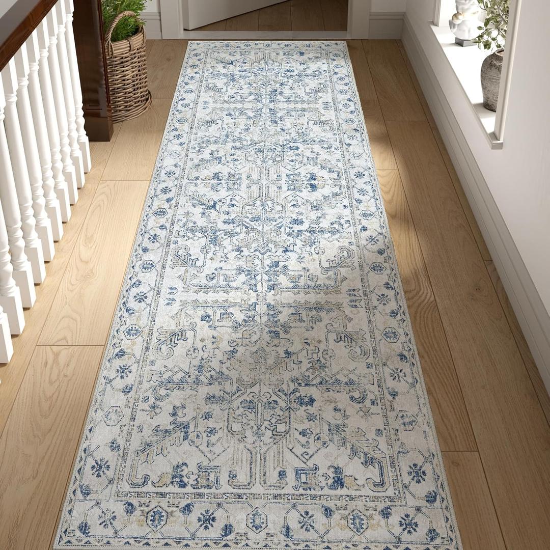 jinchan Kitchen Runner Rug 2x8 - Vintage Floral Machine Washable Non-Slip Hallway Runner Rug with Rubber Backing Ultra-Thin Carpet for Bedroom Laundry Room Farmhouse (2x8ft,Blue)
