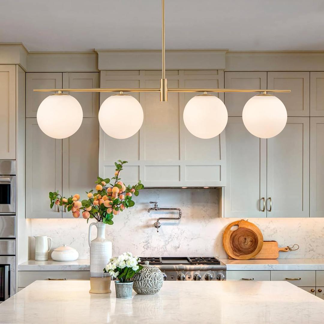 45.3" Modern Linear Chandelier 4-Lights Milk Glass Globe Linear Pendant Light Fixture Brushed Gold Mid Century Chandelier Kitchen Island Dining Room Light Fixture Over Table