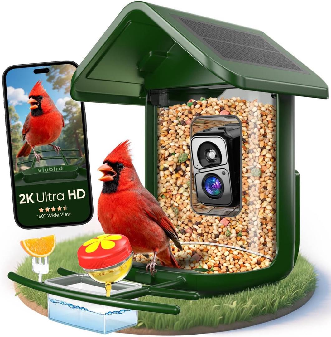 Bird Feeder with Camera Solar Powered - Smart Bird Feeder Camera 2K HD Live Stream, 5MP Photos, AI Identification for Backyard, 2.4Lb Large Capacity, Gifts for Mom Dad, Green