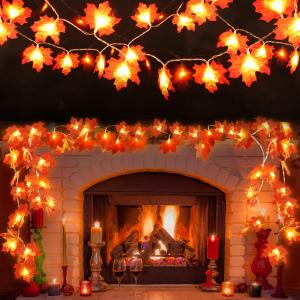 2 Pack Fall Decor Garland for Home, Total 20 Ft 40 LED Maple Leaves Fall Lights Garland with Battery Operated Waterproof Harvest Thanksgiving Halloween Decoration for Indoor Outdoor