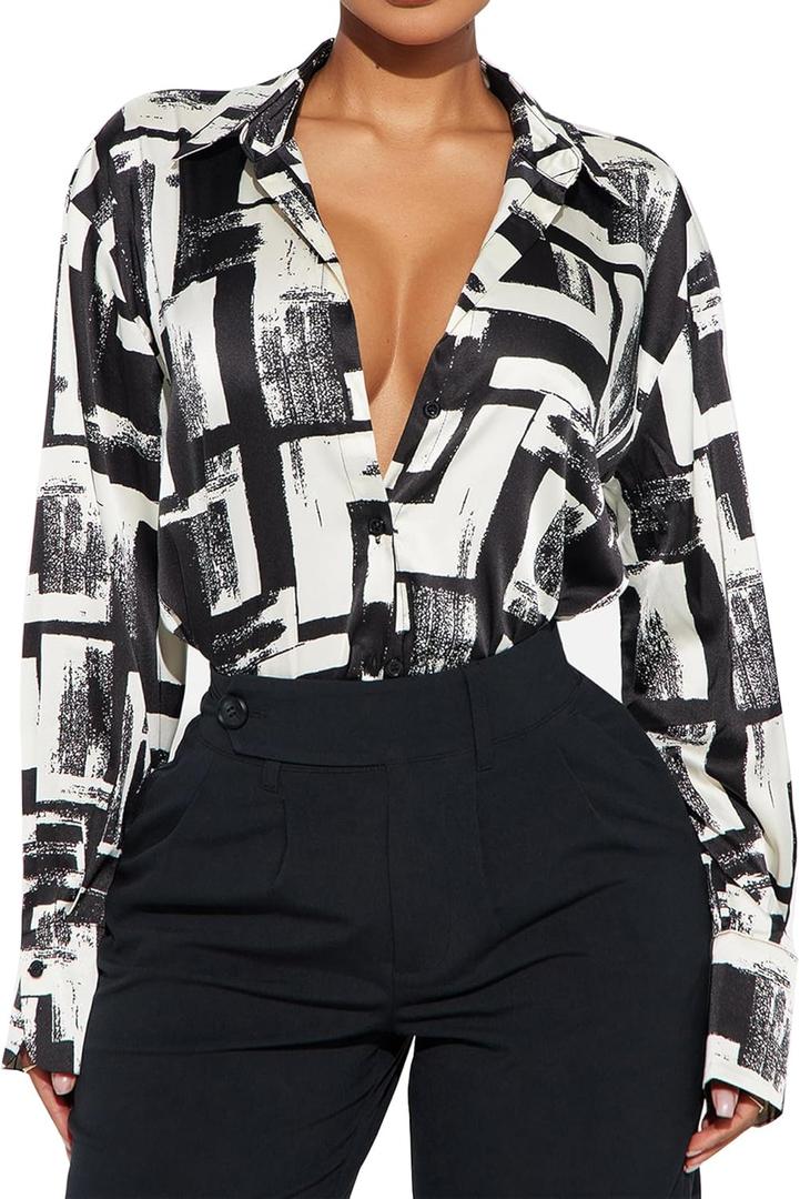 Women's Print Button Down Shirts Long Sleeve Business Casual Work Blouse Tops (Black, S)