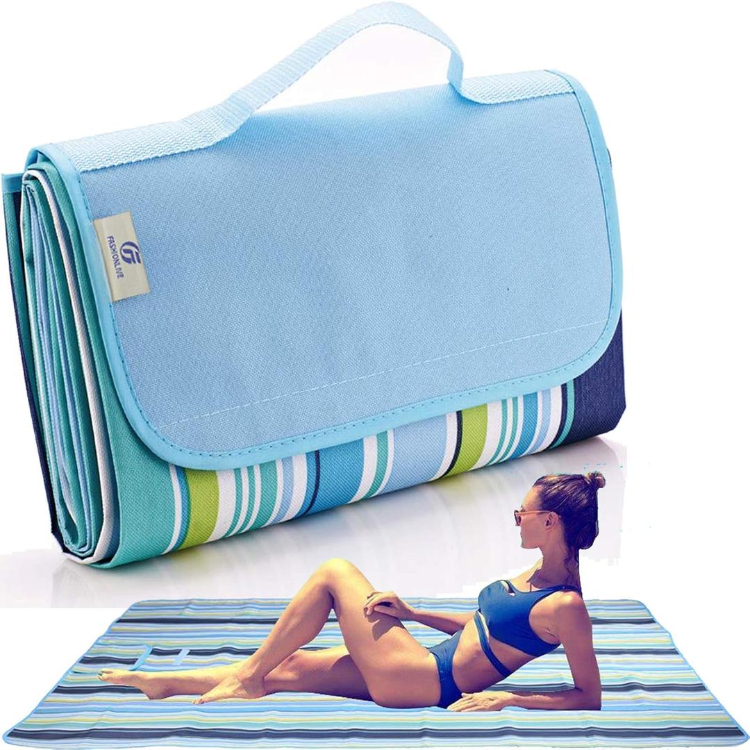 Beach Blanket Extra Large Picnic Blankets Sandproof Waterproof Outdoor Indoor Blanket Lightweight Handy Mat Portable Beach Mat for Camping Hiking Travel Park Grass (Blue Line)