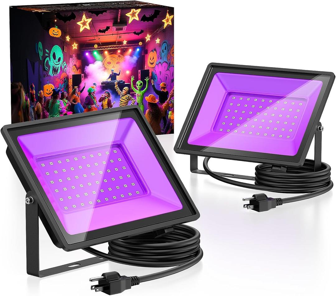 Glostars 2-Pack 50W UV Black Light385-400 nmIP66 WaterproofGrounded Three-Prong Plug Blacklight for Glow PartyOutdoor Black LightsHalloween & Christmas !