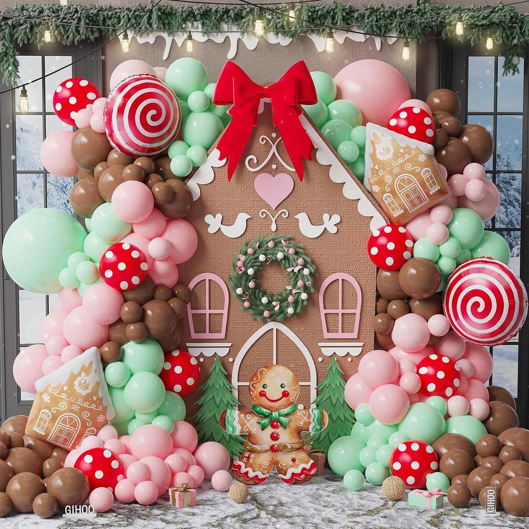 Christmas Gingerbread Balloon Arch Kit 146pcs Red Brown Balloon Garland with Red Candy and Gingerbread House Mylar Balloon for Christmas Gingerbread House Candy Holiday Birthday Party Decorations