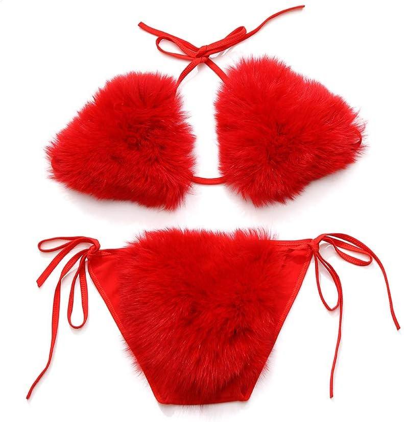 ZOSCGJMY Women's Faux Fur Halter String Triangle Bikini Sets Two Piece Swimsuits (Red)