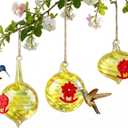 3Pcs Glass Hummingbird Feeders with Flower Feeding Ports Hand Blown Glass Humming Bird Feeders Hanging for Outdoors Garden (Yellow)