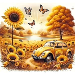 DIY Car Sunflower Diamond Art Kits for Adults, 5D Diamond Painting for Beginners, Diamond Dot, Small Dimond Art Paintings Kit, Full Drill Gem Painting, Crafts for Adults, Home Wall Decor 14x14inch (QY098)