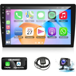 9 inch Double Din Android car Stereo(RAM4GB+ROM64GB) for Apple Carplay and Android Auto,Car Radio with Rear Camera,HD Touch Screen,Support Voice Assistant,G0ogle,AUX,FM/AM,GPS,Mirror Link
