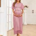 AISWI 2025 Maternity Sparkly Mesh Maxi Flowy Dress with Belt Ruffle Sleeves Pregnant Long Dress Baby Shower Photoshoot Formal (Pink, XL)