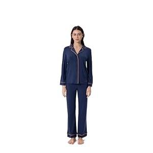 Storytellers; Women's Long Sleeve Pajama Set Classic Button-Down Style (US, Alpha, Medium, Regular, Regular, Navy)