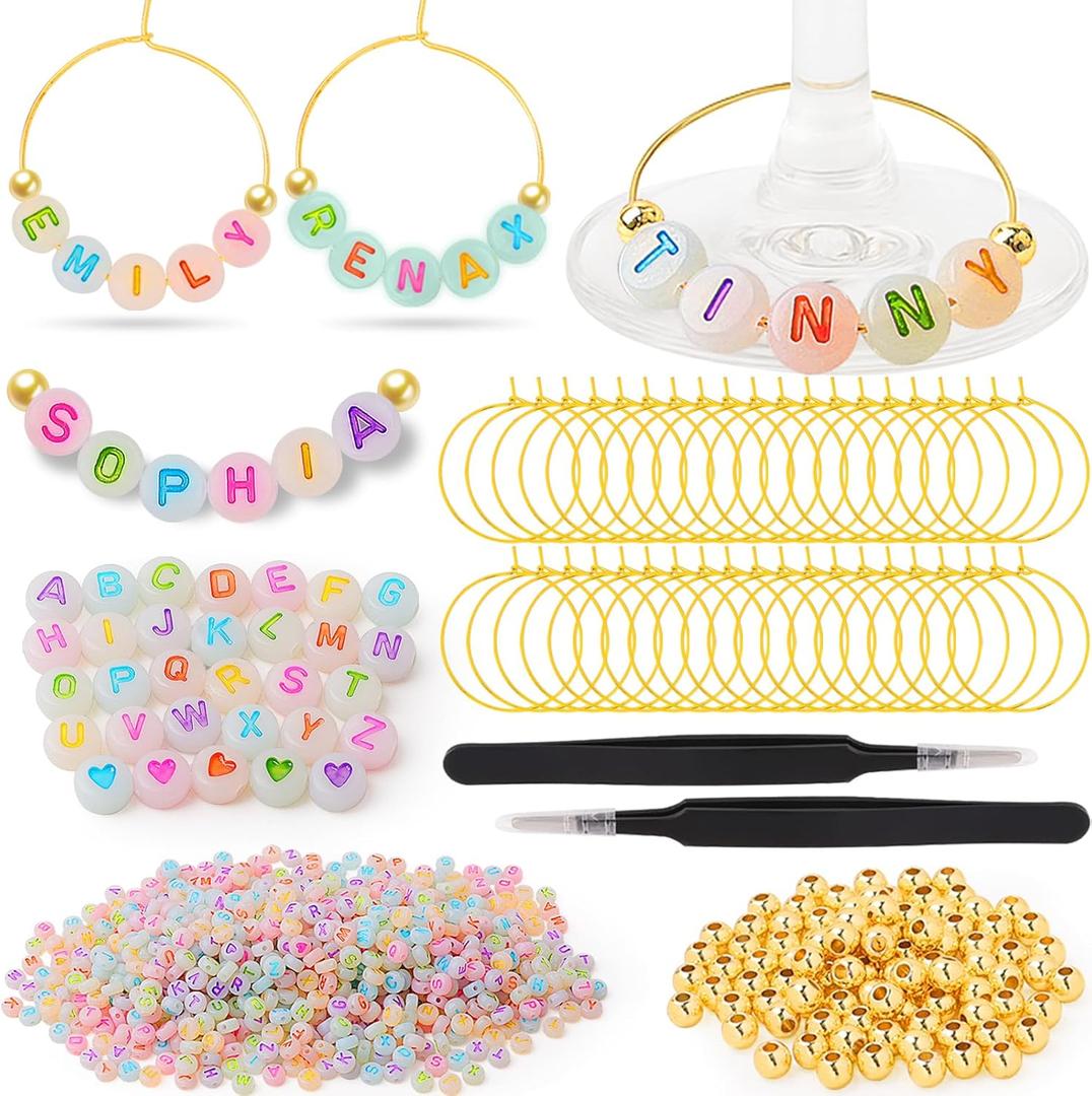 60 Sets DIY Glass Charms 780 Letter Beads 120 Gold Beads 60 Charm Rings 2 Tweezers, Drink Identifier Charms Glass Marker Tags for Wedding Cocktail Bachelorette Party Decoration (Luminous)