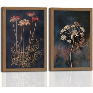 2Pcs Framed Vintage Wall Art Prints, Retro Moody Floral Botanical Canvas Painting Farmhouse Decor, Dark Classical Flower Prints Canvas for Bathroom, Bedroom, Living Room, Gallery 16x24in