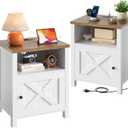 Marsail Farmhouse Nightstand Set of 2, Wood Bedside Table with Charging Station, Night Stand with Shelf and Doors, End Table with Storage Side Table for Bedroom, White & Brown, 24.8" H x 17.3" W x 15.7" D
