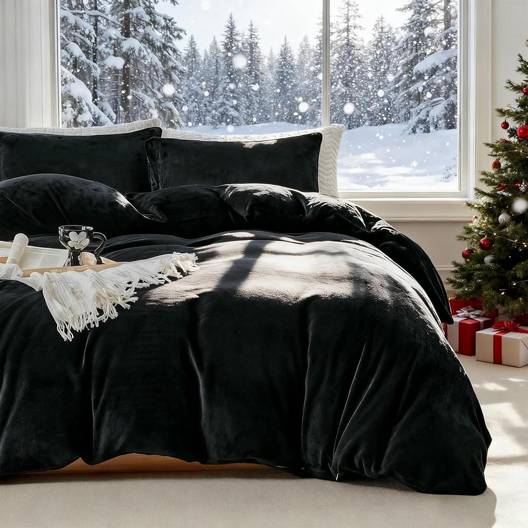 WARMDERN Black Velvet Duvet Cover Set Queen Size, Luxury Milk Velvet Bedding Duvet Cover with Zipper Closure, 3pcs Ultra Soft Duvet Covers for All Seasons, 90" x 90", Black