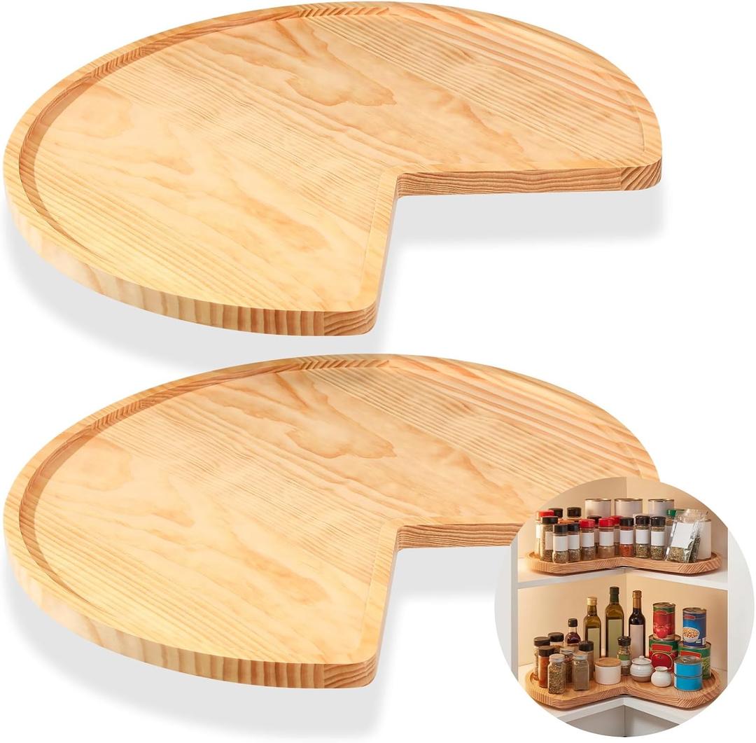 Leinuosen 2 Pcs  Banded Pine Wood Full Kidney Shaped Lazy Susan for Corner Base Cabinets with Iron Swivel Bearing for Kitchen Turntables, Not Include Metal Rod(20 Inch, Wood Color)