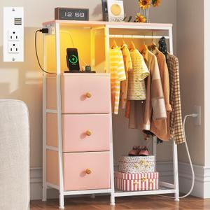 Dresser with Hanging Rack, Led Dresser with Charging Station, 3 Fabric Drawers Dressers with Clothes Rack, Shoe Rack for Small Space, Chest of Drawers for Bedroom, Kids Room, Pink