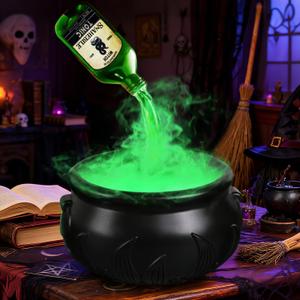 Glow in The Dark Halloween Cauldron with Mist Maker, Floating Magic Potion Bottles - DIY Witch Cauldron Set for Spooky Party Decor, Witches Kitchen & Gothic Home