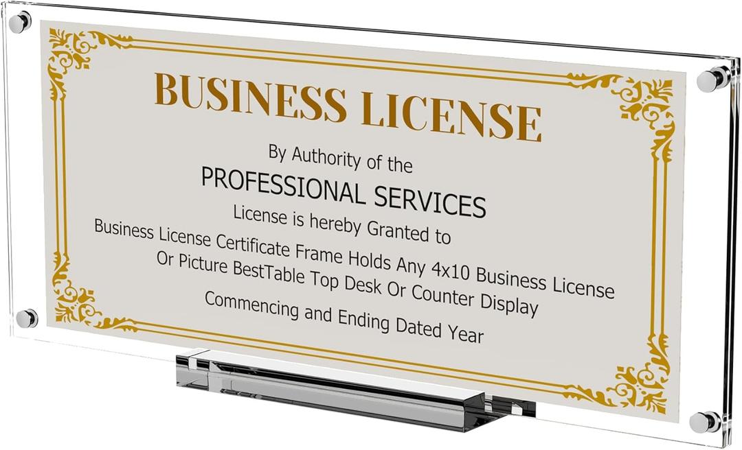 Boloyo Acrylic Business License Display Frame, 10 inch 1PC Clear Display Stand Holder Easel Base Protector for 4x9 Business License Certificate Collectors