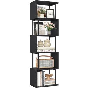 Yusong Bookshelf 5-Tier, Geometric Bookcase S Shaped Book Shelves for Bedroom, Modern Wood Decorative Display Shelf Corner for Home Office, Black