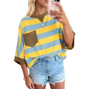 Fisoew Womens 2026 Summer Color Block Striped T-Shirts Oversized Short Sleeve Crewneck Y2K Tops Casual Loose Tees, XL