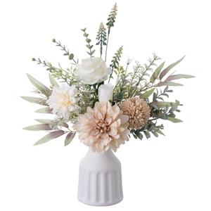 Fake Flowers in Vase, Artificial Flowers with Vase, 15.7'' Floral Arrangements for Dining Table Centerpiece Decor, Silk Roses & Faux Dahlia Bouquet for Farmfouse Kitchen Coffee Table Decor (Brown)