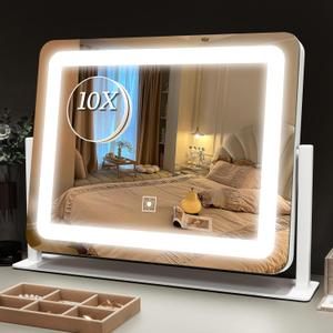 ROLOVE Vanity Mirror with Lights 15"x12", Lighted Makeup Mirror with 10X Magnification, 3 Color Lighting & Dimmable Brightness, Light Up Mirror for Desk, Bedroom, Bathroom