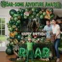 Dinosaur Birthday Decorations with Hunter Green Brown balloon arch & small T-Rex Foil balloons & backdrop Sign & Artificial Palm Leaves for Boys Jungle Safari Dino ROAR Party Supplies (Green Brown)