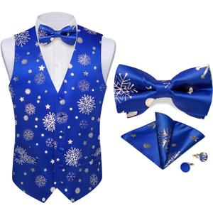 DiBanGu Mens Christmas Suit Vest Holiday Xmas Waistcoat Bowtie Set Party Suit Vest Christmas Holiday Waistcoat Tuxedo (Small, Blue Silver)