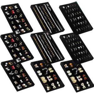 SPAKOWN Jewelry Organizer for Drawer, Adjustable Velvet Jewelry Tray, Stackable Necklace Organizer Earring Holder Organizer Ring Tray Jewelry Storage Display Drawer Inserts Set of 9 (Black)
