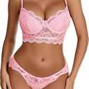Avidlove Lingerie for Women Lace Strappy Underwear V Neck Bra and Panty Sets 2 Piece Bralette Outfits (X-Large, Pink)