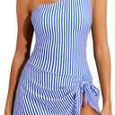 Tempt Me Women Blue Striped One Piece Swim Dress One Shoulder Swimsuit with Skirt Tummy Control Swimdress Bathing Suit, M