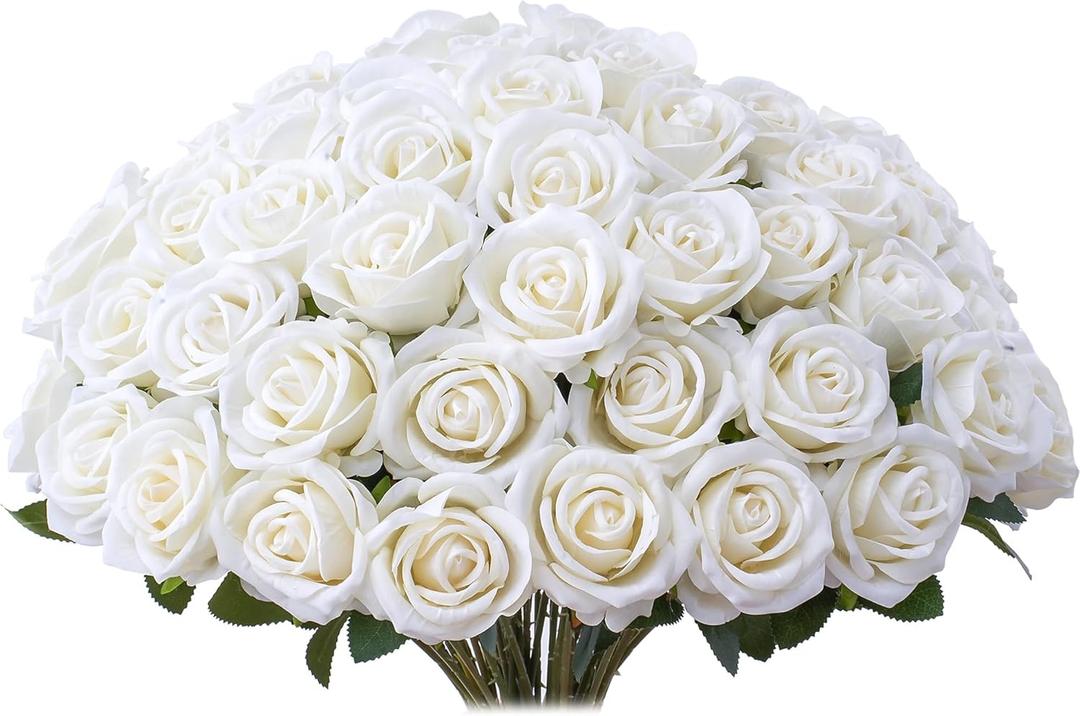 30 PCS Fake White Roses, Artificial White Flowers Bulk Realistic Silk Faux Roses with Stems for Wedding Decorations Table Centerpieces Bridal Bouquet DIY Floral Arrangement Event Party Home Decor