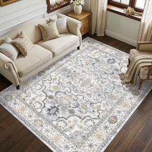 9X12 Area Rugs for Living Room: Washable Vintage Soft Thin Area Rug Stain Resistant Non-Slip Backing Carpet for Bedroom Dining Room Nursery Home Office - Blue/White