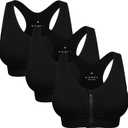 Women's Zip Front Sports Bra Wireless Post-Surgery Bra Active Yoga Sports Bras (3X-Large, 3 Pack Black)