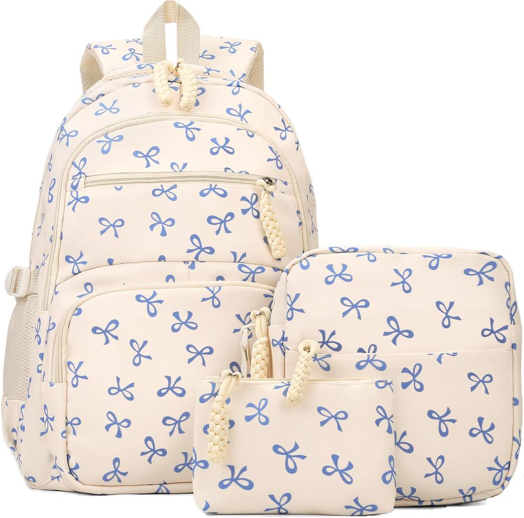 jingyuKJ Coquette Backpack Set, Cute Kawaii Aesthetic Daypack Bow Rucksack (A02 Bow Blue)