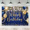 Riyidecor Blue Gold Happy Birthday Navy Royal Backdrop 7Wx5H Feet Polyester Fabric Men Boy Golden Dot Balloon Diamond Sparkle Cool Bday Party Photography Background Decorations Banner Photo Shoot